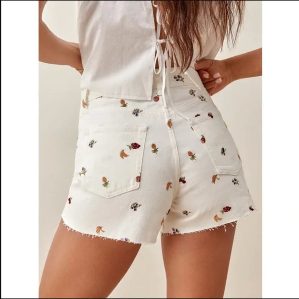 Reformation Charlie High Rise Fruitloops White Denim Jean Shorts 23